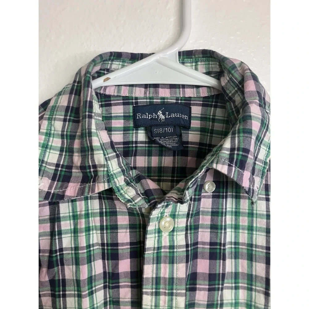 Ralph Lauren Kids‎ Plaid Button Down Shirt Size S Green Pink Navy Short Sleeve